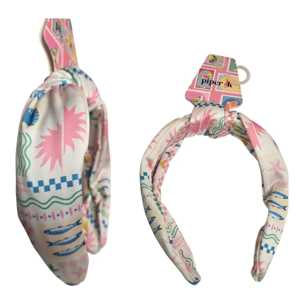 💙▪️Piper K ▪️ Patterned Knot Sardine Summer Print Headband - White & Pink
